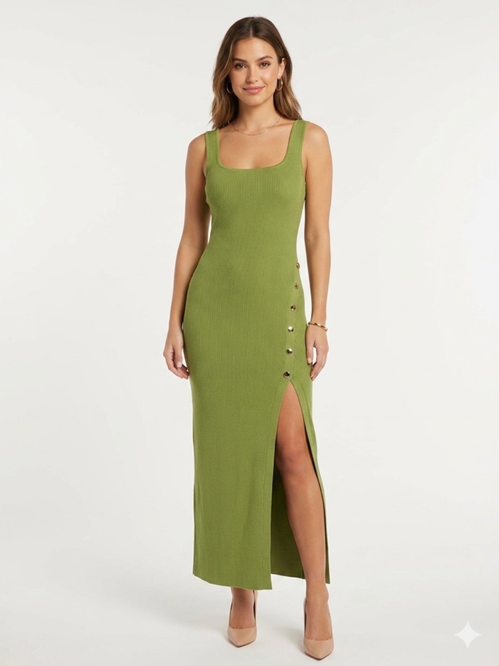 Windsor Olive Green Ribbed Knit Midi Dress Size L Gold Button Side Slit